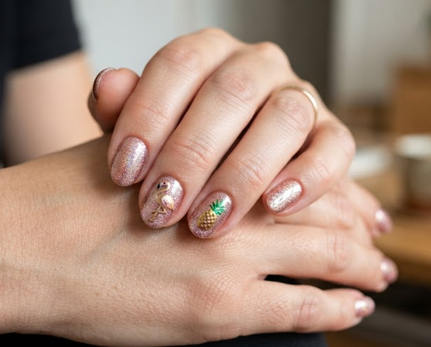 In this image, a woman in a black tee displays short oval nails showcasing a rose gold glitter base and gold metallic flamingo.