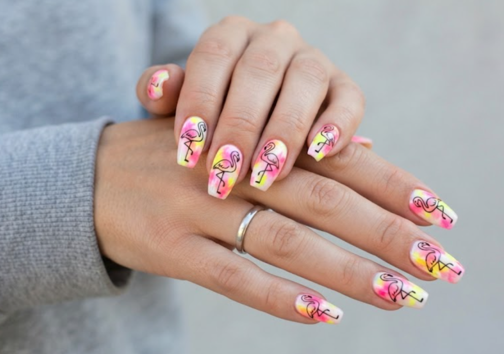 In this image, a woman in a grey sweatshirt showcases medium ballerina nails with a neon tie-dye base and black outline flamingo.