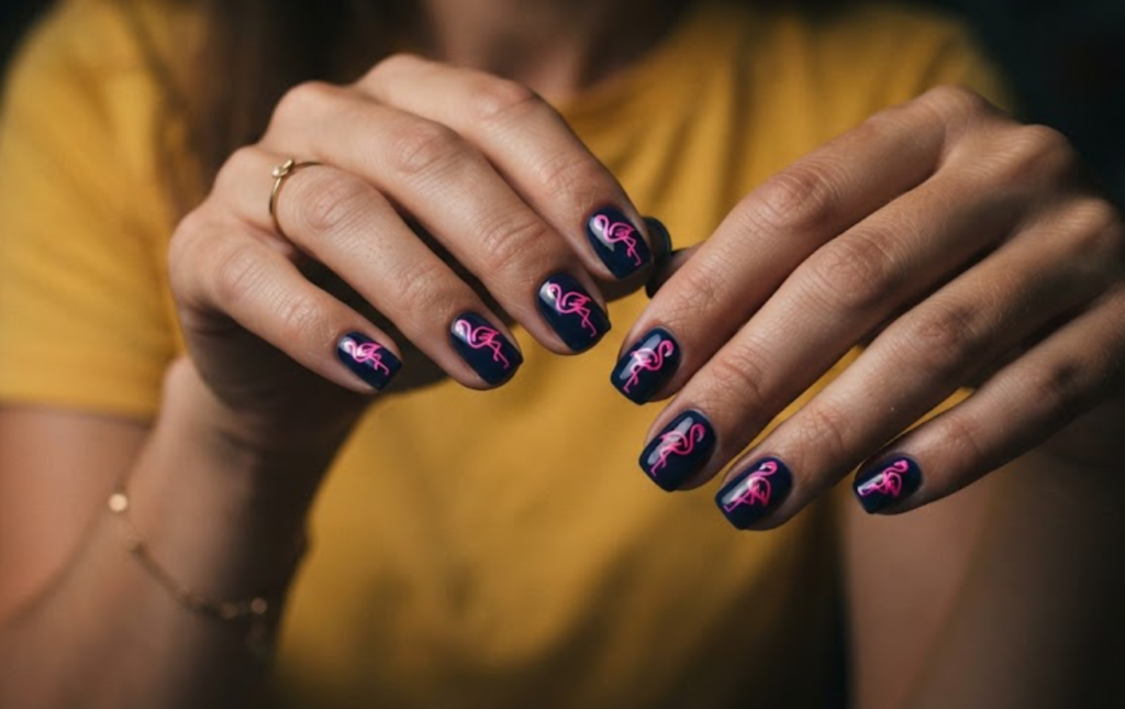 In this image, a woman in a yellow tee displays short square nails featuring a deep navy base and a glowing neon pink flamingo.