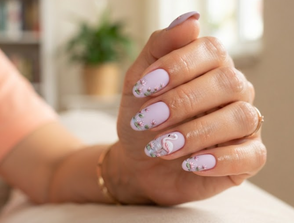 In this image, a woman in a peach top showcases medium almond nails with a pastel lilac base and shaded pink flamingo.