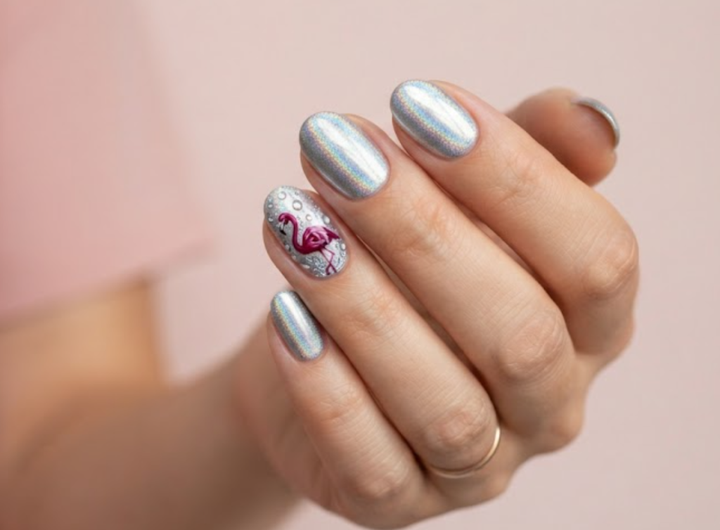 In this image, a woman in a blush pink blouse displays short oval nails showcasing a holographic silver base and magenta flamingo.