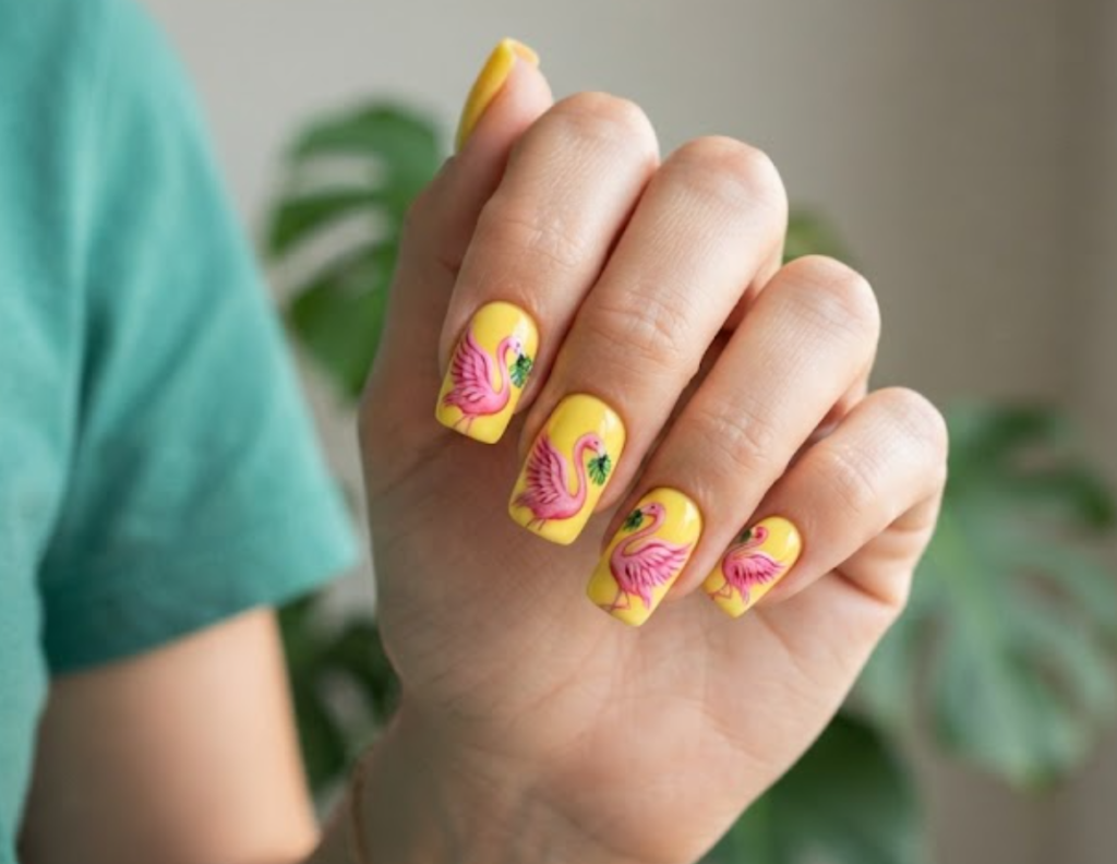imageIn this image, a woman in a teal green tee showcases medium square nails with a lemon yellow base and vibrant flamingo.