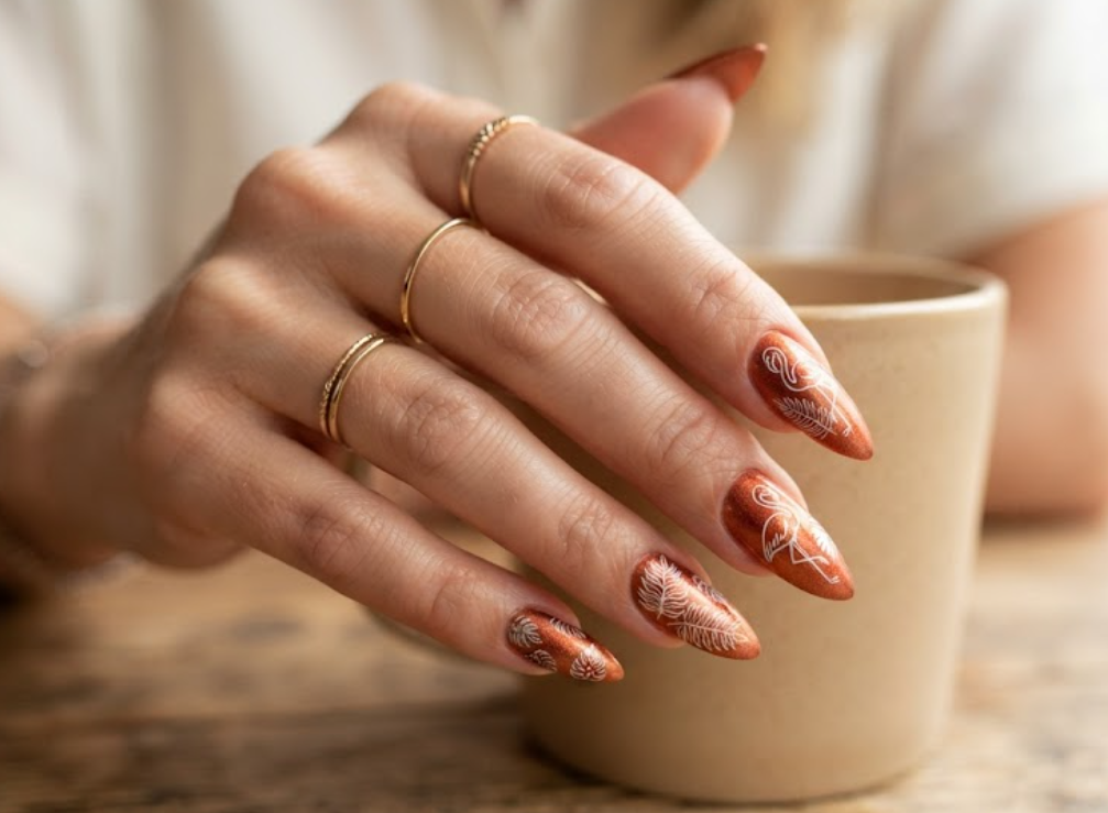 In this image, a woman in a cream shirt displays long stiletto nails with a copper metallic base and white outline flamingo.