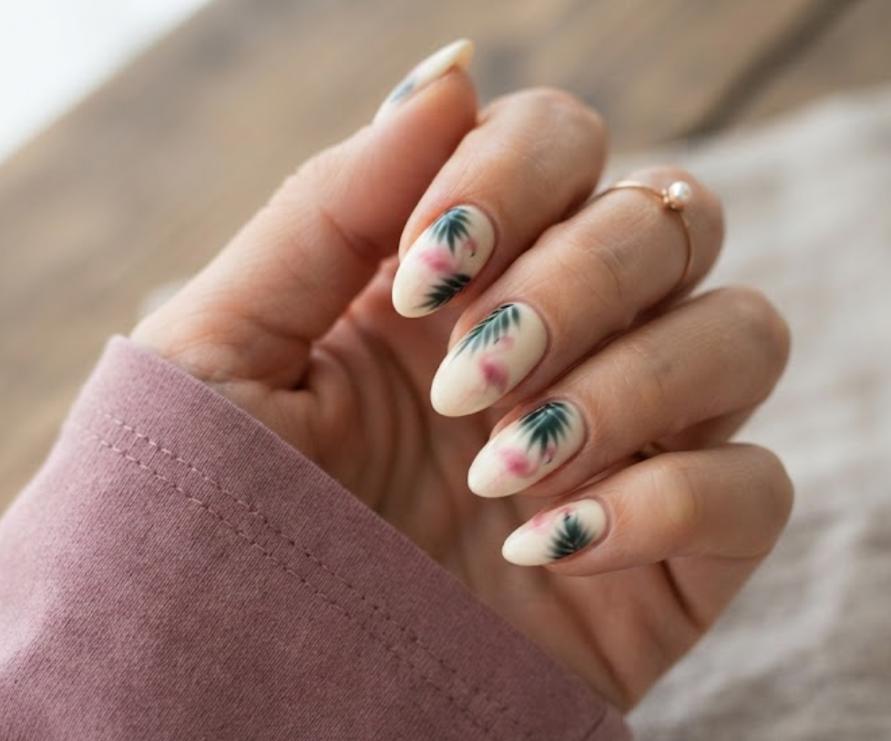 In this image, a woman in a mauve shirt displays medium almond nails featuring an off-white vanilla base and watercolor flamingo.