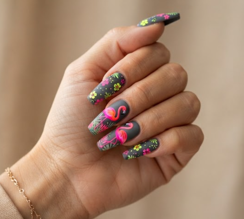 In this image, a woman in a beige tee showcases long coffin nails with a charcoal grey base and neon pink flamingo.