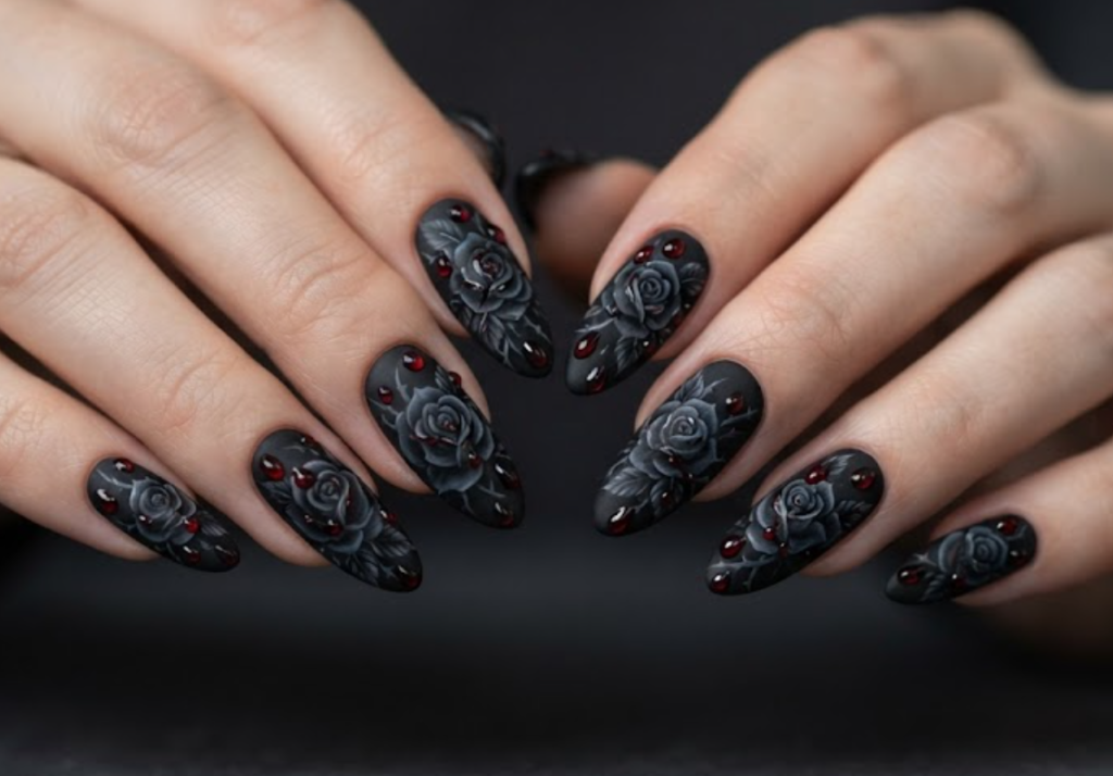 In this photo, elegant black roses and glossy blood drops come together for a chic gothic nail design.