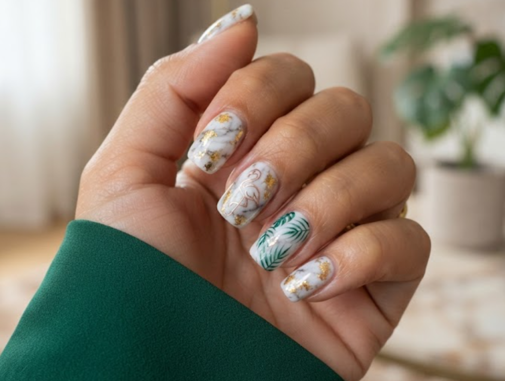 In this image, a woman in an emerald green blouse presents medium square nails featuring a white marble base, gold flakes, and rose gold flamingo.