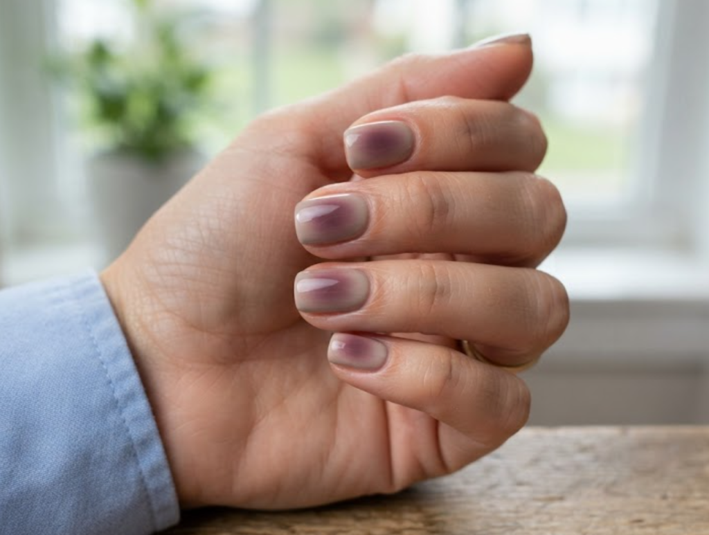In this image, full hands with short square nails display an aura gradient airbrush design with muted plum on taupe against a simple window background.