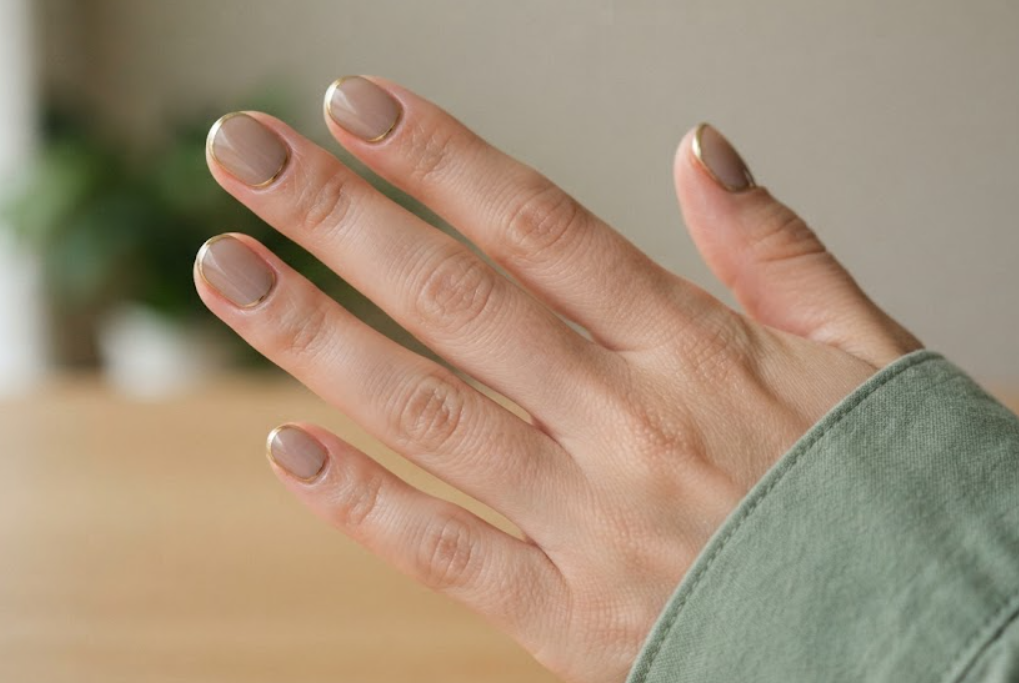 In this image, full hands with short oval nails feature ultra-thin gold lines framing a sheer taupe manicure against a minimalist room background.