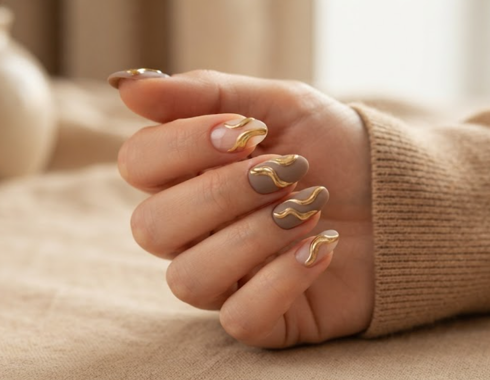 In this image, full hands with medium coffin nails feature raised molten gold waves across matte taupe against a warm interior background.