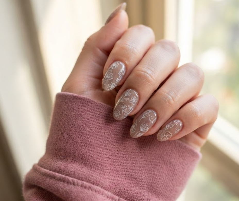 In this image, full hands with short round nails showcase jelly taupe over stamped line art against a soft-focus window background.