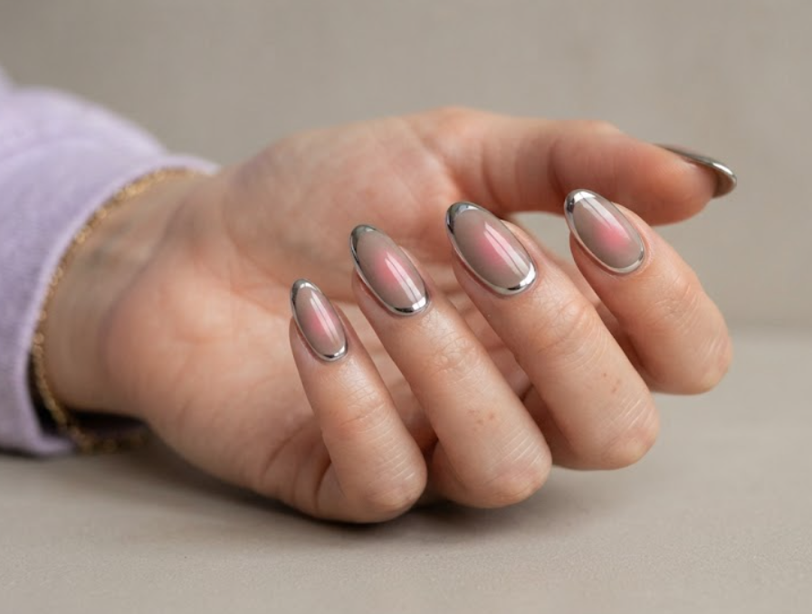 In this image, full hands with almond nails feature a rosy blush center and silver chrome borders on taupe against a clean studio background.