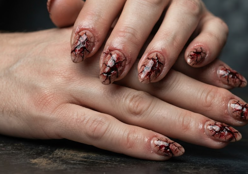 In this photo, cracked skin effects paired with blood red details make the nails look incredibly realistic.