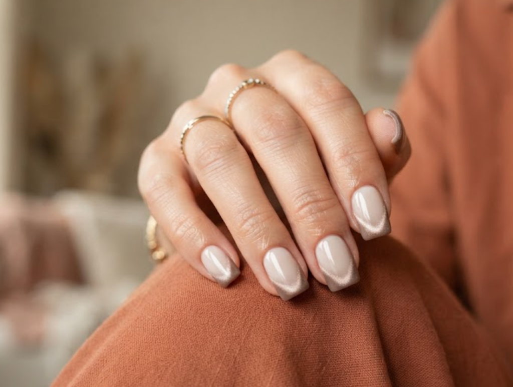 In this image, full hands with medium square nails feature velvet cat-eye taupe tips on a milky base against a soft daylight background.
