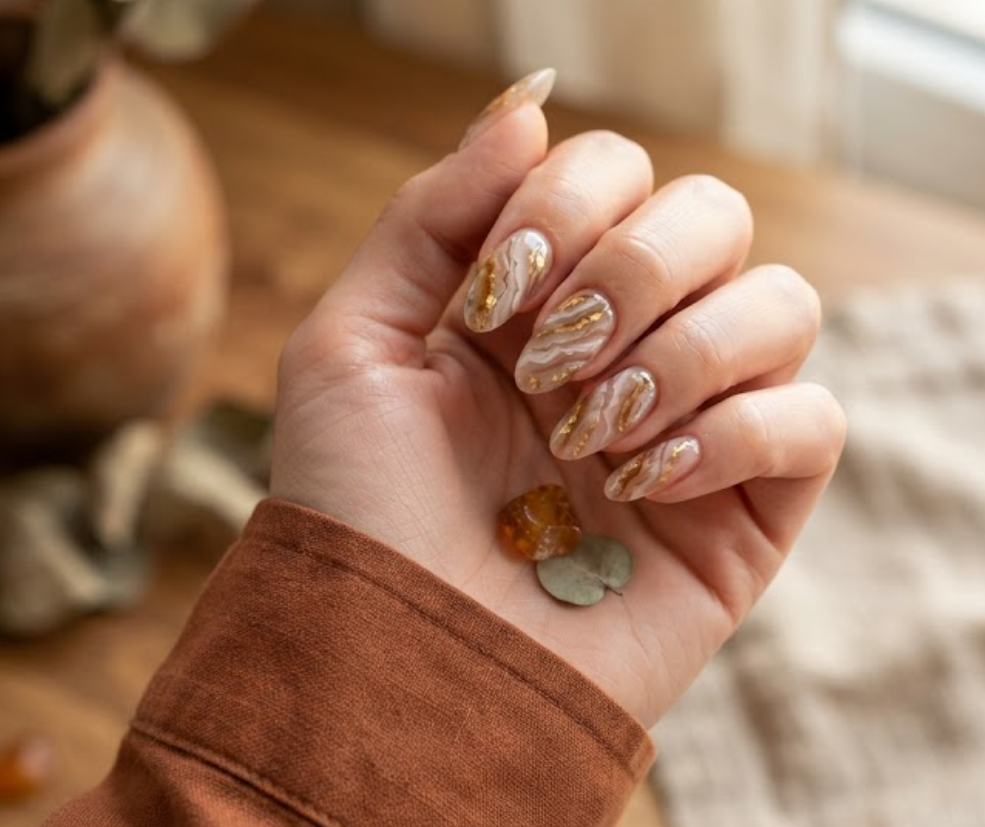 In this image, full hands with long oval nails feature translucent amber and taupe crystal slice brushstrokes against an earthy background.