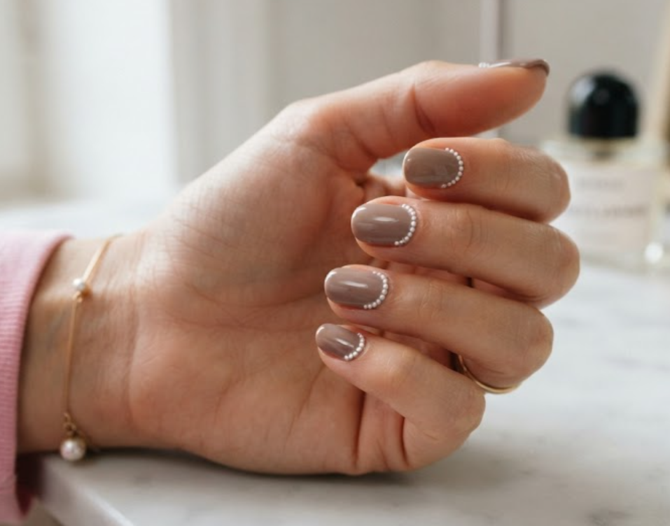 In this image, full hands with short round nails feature white caviar pearls tracing the base of high-gloss taupe nails against a clean vanity background.