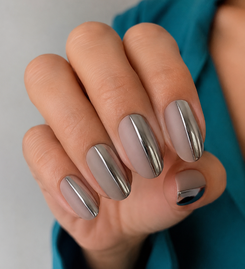 In this image, full hands with medium oval nails feature a vertical line splitting matte taupe and chrome halves against a minimalist background.