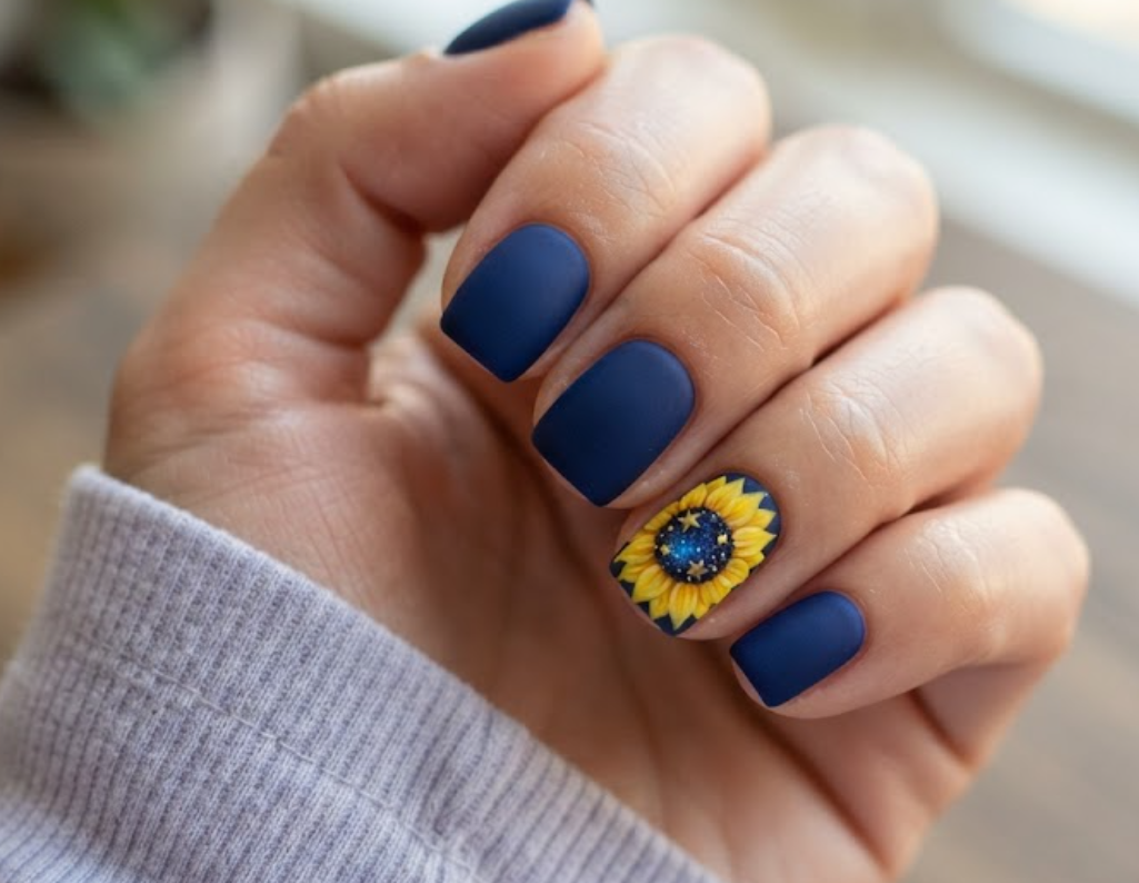 In this image, real hand nails showcase a navy matte base with a celestial sunflower art and a pastel grey shirt.