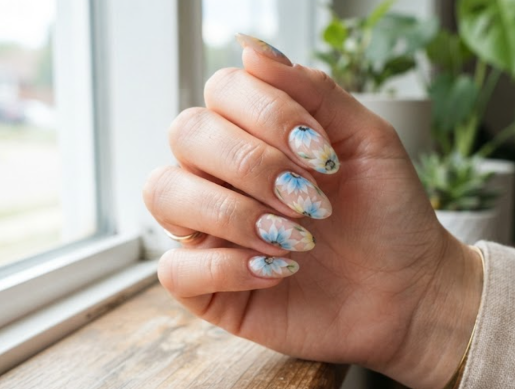 In this image, real hand nails showcase a navy matte base with a celestial sunflower art and a pastel grey shirt.