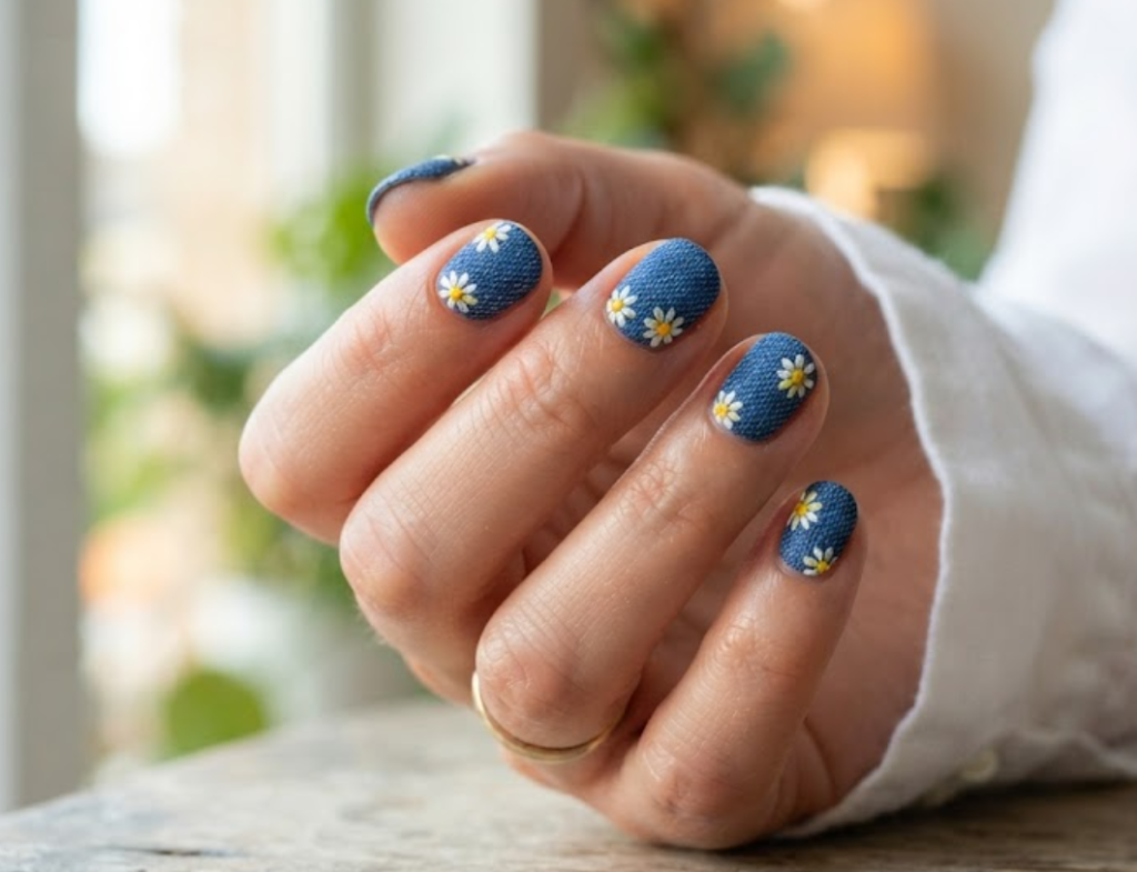 In this image, real hand nails feature a denim-textured blue base with yellow daisies and a white shirt.