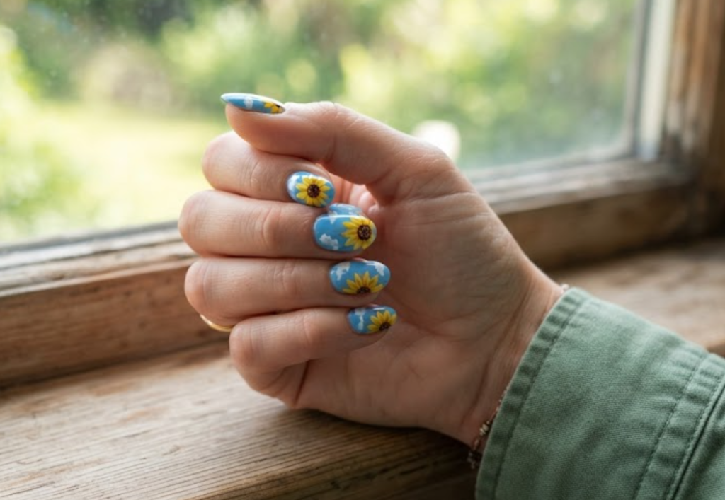 In this image, real hand nails present a sky blue base with tip sunflowers, clouds, and a sage green shirt.