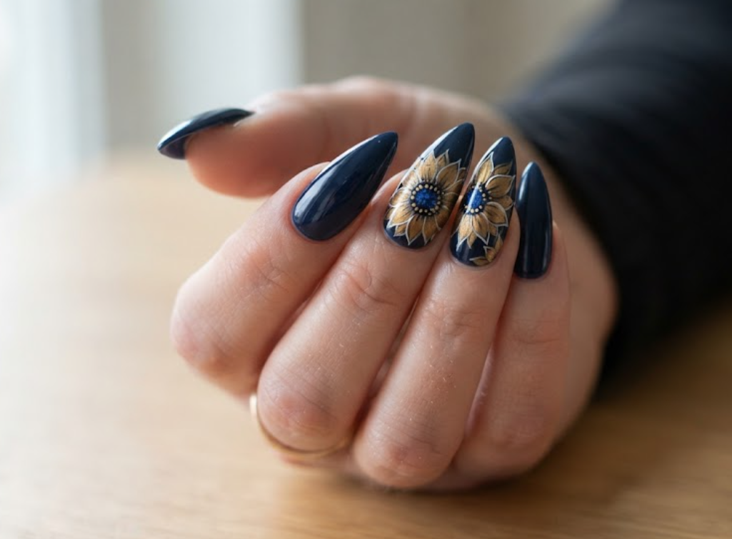 In this image, real hand nails show a glossy navy base with a metallic gold sunflower and a black shirt.