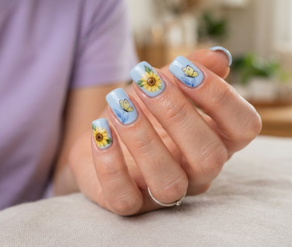 In this image, real hand nails feature a pastel blue base with yellow sunflowers, butterflies, and a lavender shirt.