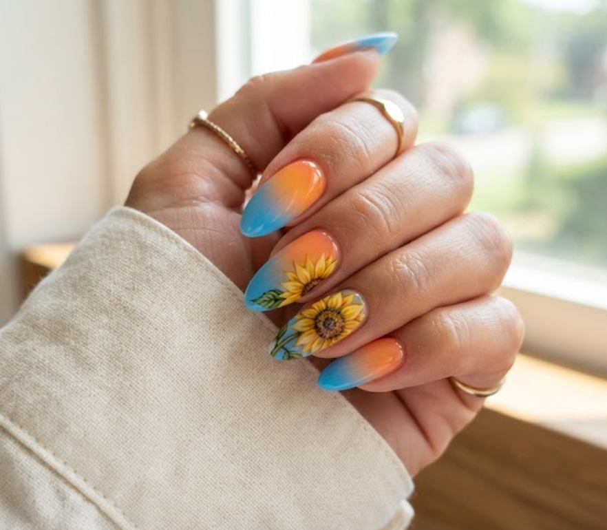 In this image, real hand nails display an orange-to-blue ombré with a shared sunflower and a cream shirt.