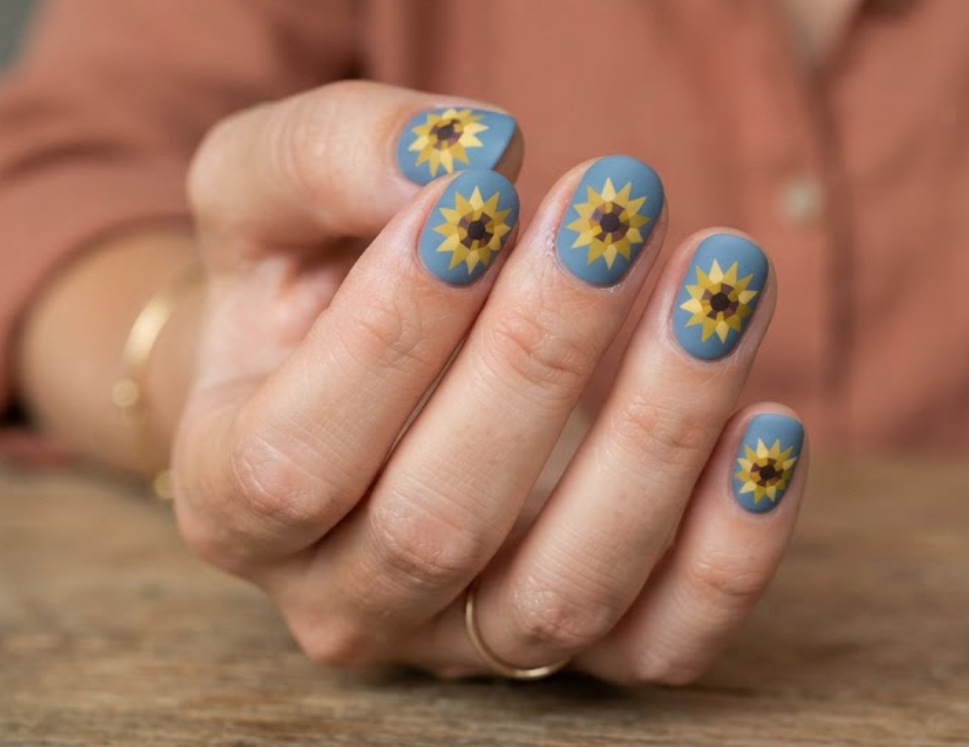 In this image, real hand nails feature a matte dusty blue base with geometric yellow sunflowers and a terracotta shirt.