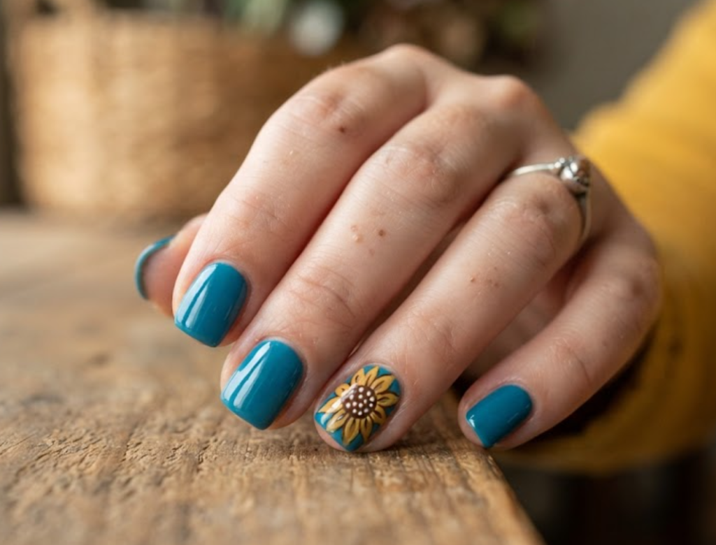 In this image, real hand nails display a teal base with a rustic hand-drawn sunflower and a mustard shirt.