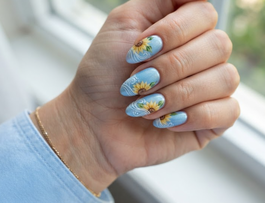 In this image, real hand nails show a shimmer blue base with wave lines, a sunflower, and a light blue shirt.