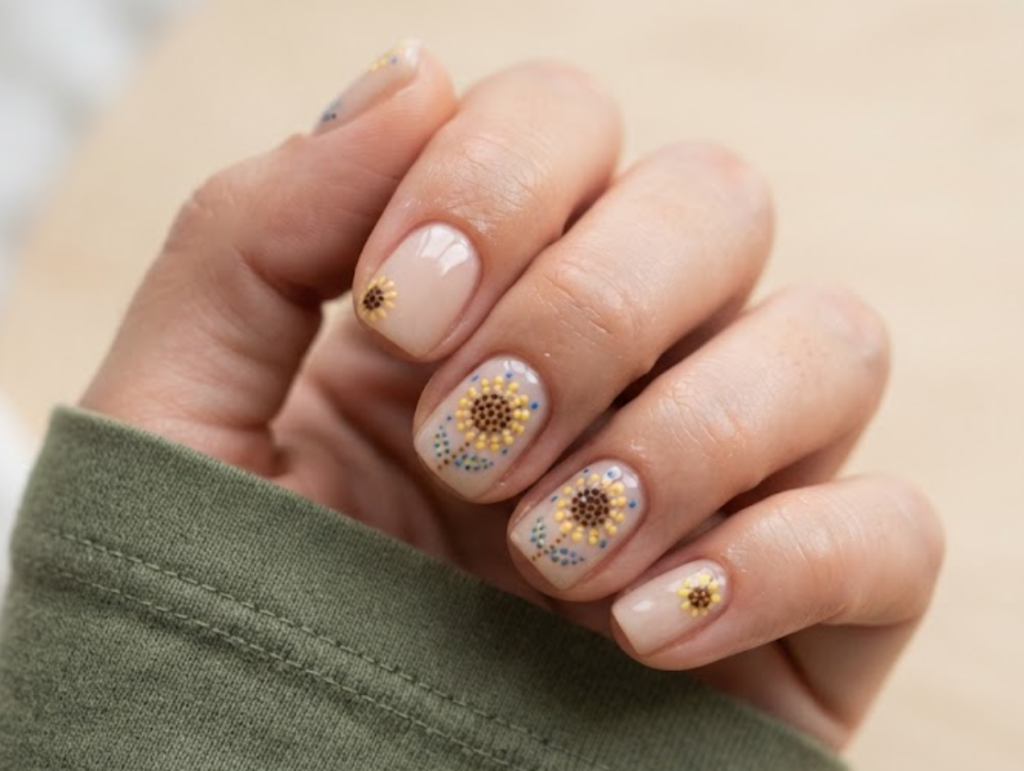 In this image, real hand nails feature a nude base with dot-work sunflowers and an olive green shirt.