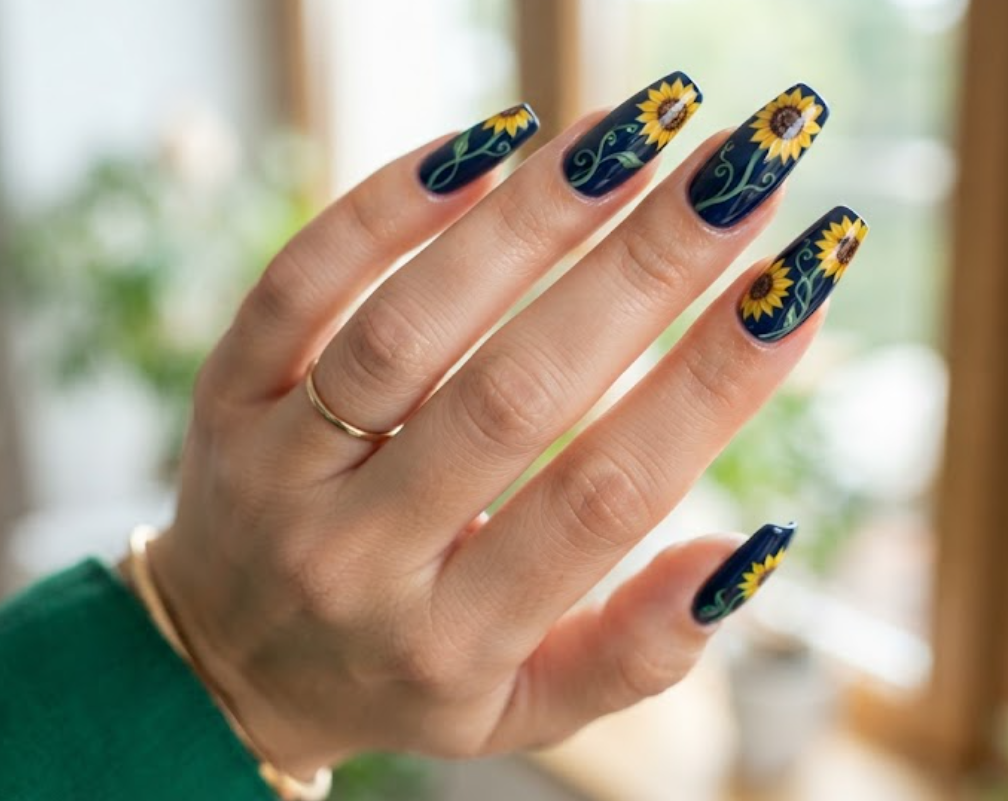 In this image, real hand nails exhibit a dark blue base with green stems, yellow sunflowers, and an emerald shirt.