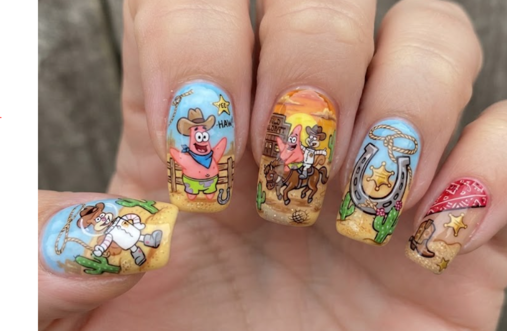In this photo, Patrick Star joins Finn and Jake in a colorful Adventure Time nail design filled with candy, portals, and playful fantasy details.