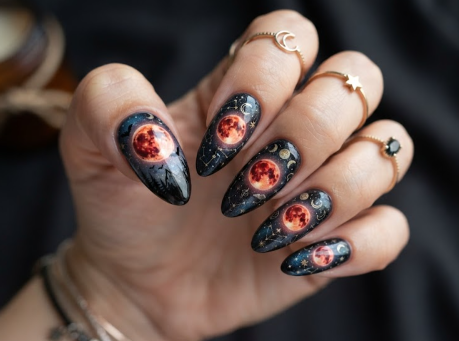 In this photo, a glowing blood moon and dark sky details give the nails a mystical gothic appearance.