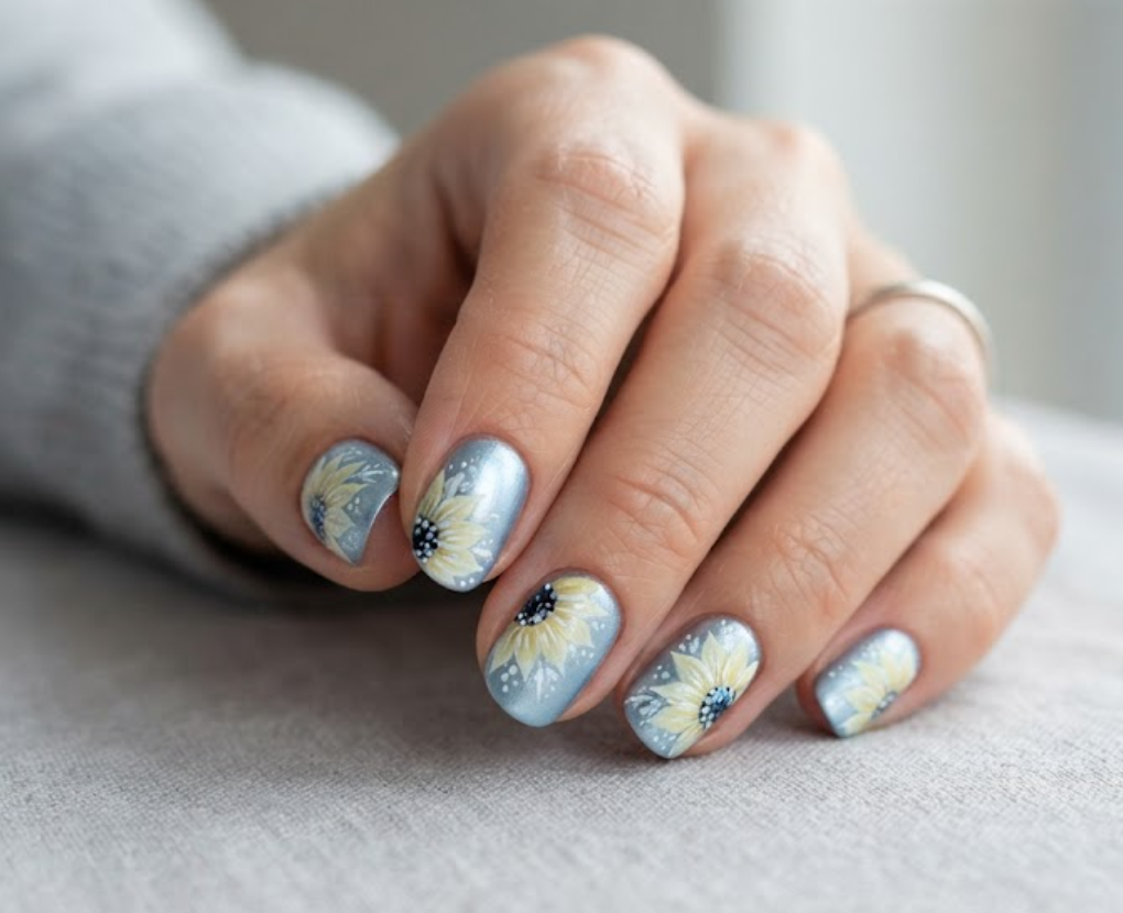 In this image, real hand nails present an icy blue metallic base with frosty yellow sunflowers and a silver shirt.