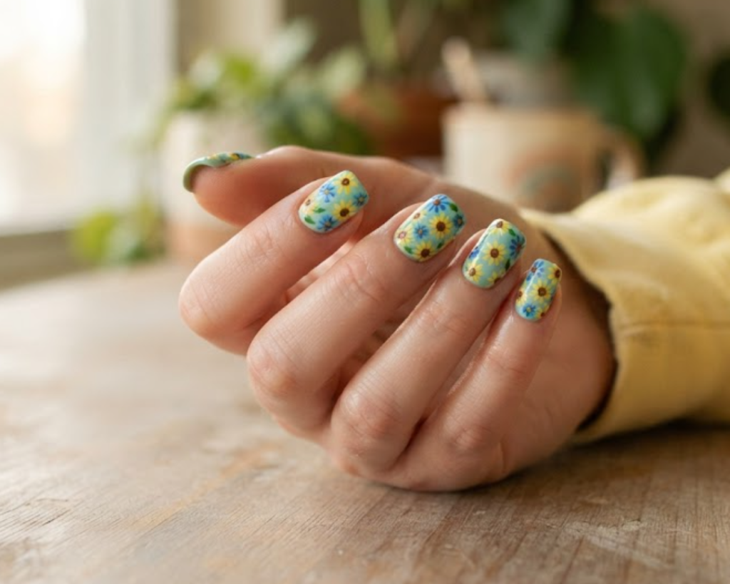 In this image, real hand nails display a mint green base filled with overlapping mini sunflowers and a yellow shirt.