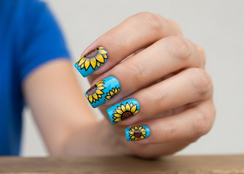 In this image, real hand nails showcase a cyan blue base with bold pop-art sunflower outlines and an electric blue shirt.