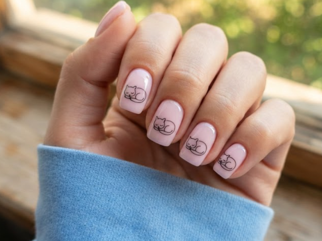 In this image, a close-up of squoval animal nails showcasing minimalist sleeping kitty outlines and a sky blue shirt.