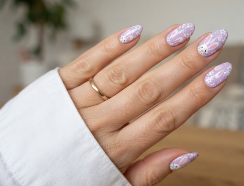 In this image, a close-up of almond animal nails with a soft lilac base and cute baby bunny designs, worn with a white shirt.