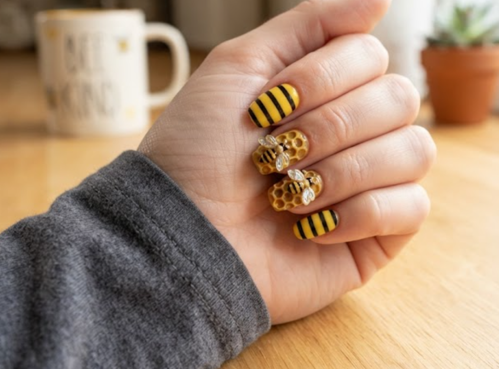 In this image, a close-up of ballerina animal nails styled with yellow and black honey bee and hive art, paired with a charcoal grey shirt.