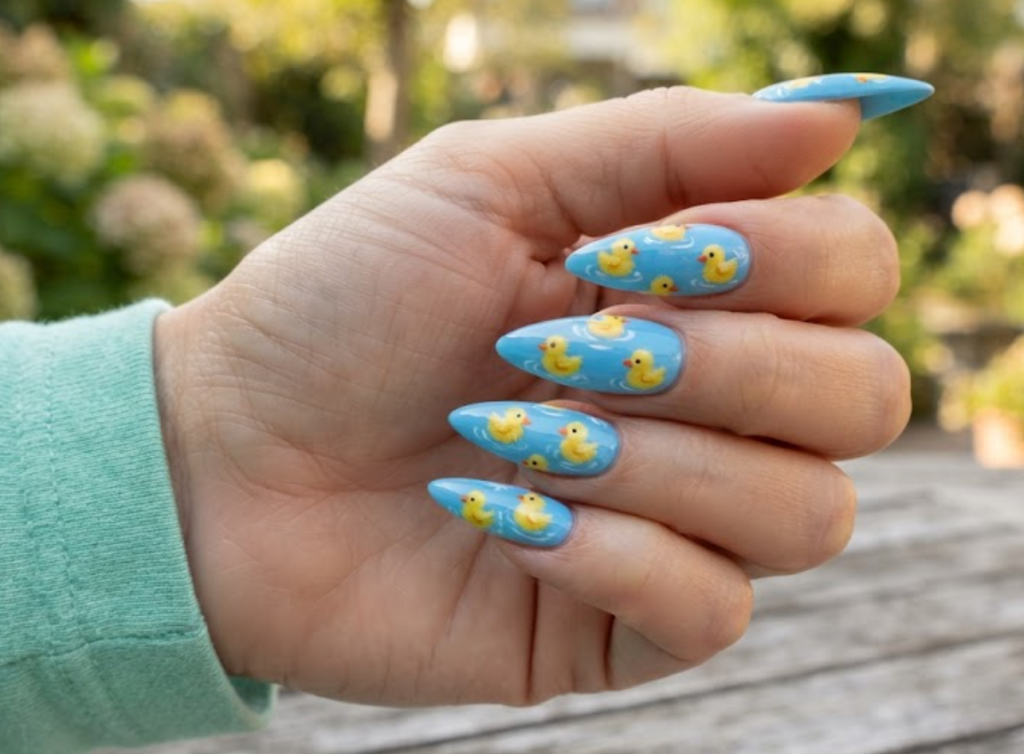 In this image, a close-up of stiletto animal nails displaying bright yellow tiny ducklings on a sky blue base, with a mint green shirt visible.