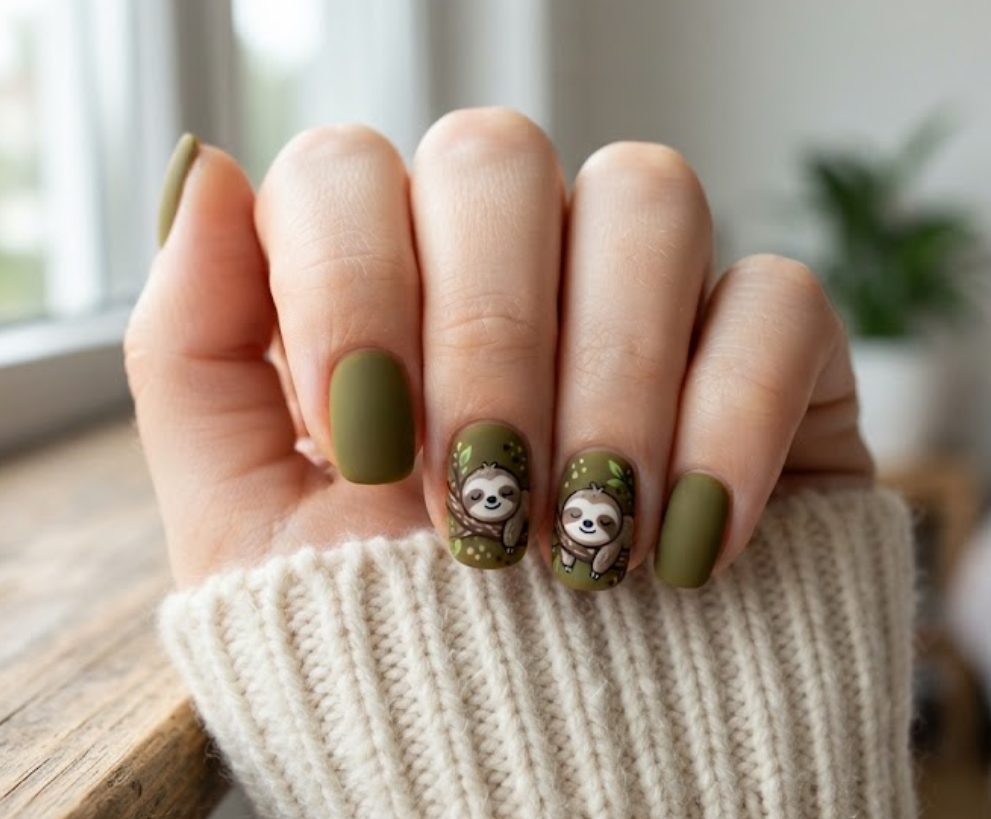 In this image, a close-up of rounded-square animal nails featuring cozy olive green sleepy sloth designs and a cream sweater.