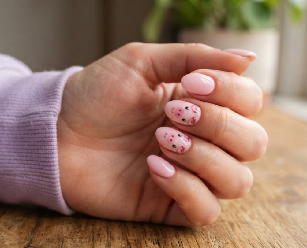 In this image, a close-up of short almond animal nails with playful pastel pink piglets and curly tails, worn with a lavender shirt.e