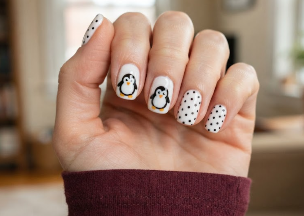 In this image, a close-up of squoval animal nails displaying a classic black and white penguin trio design, paired with a maroon shirt.