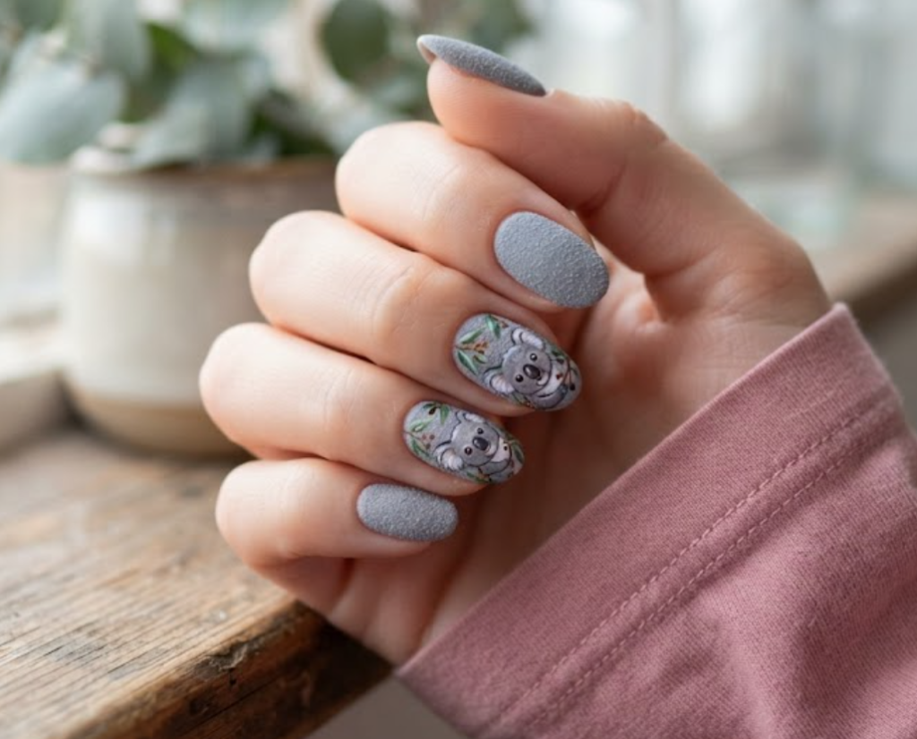 In this image, a close-up of oval animal nails with grey fluffy koala and eucalyptus leaf art, worn with a dusty rose shirt.