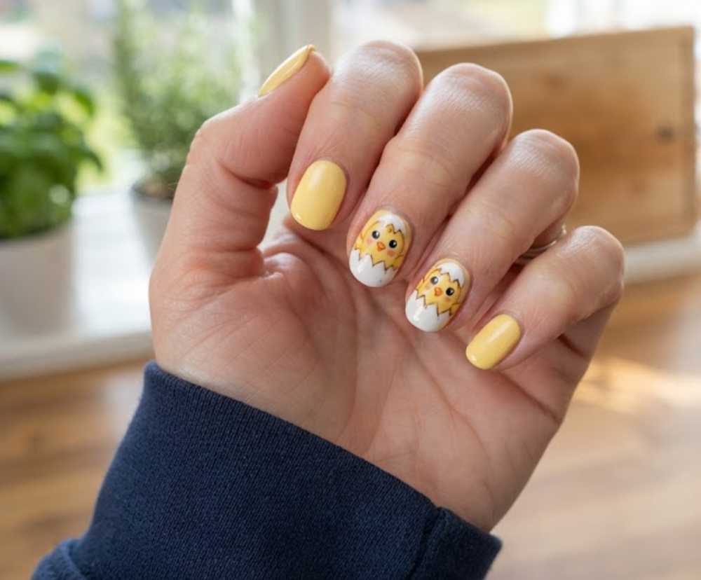 In this image, a close-up of short rounded animal nails showing yellow chicks hatching from shells, paired with a navy shirt.