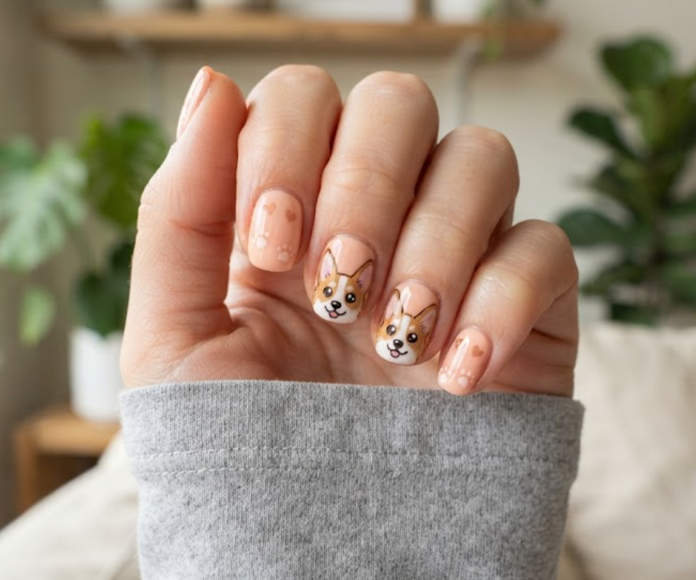 In this image, a close-up of squoval animal nails featuring cute happy corgi dog face art and a light grey shirt.