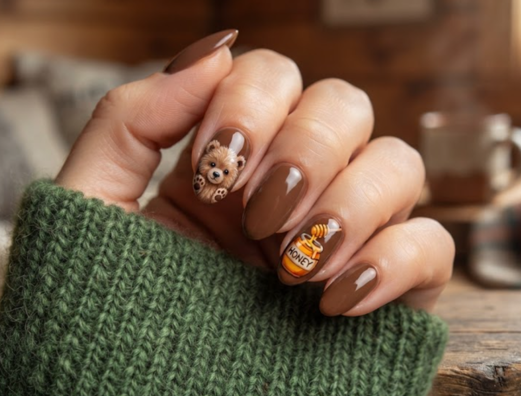 In this image, a close-up of rounded almond animal nails with brown baby bear cub and honey jar designs, worn with a forest green shirt.