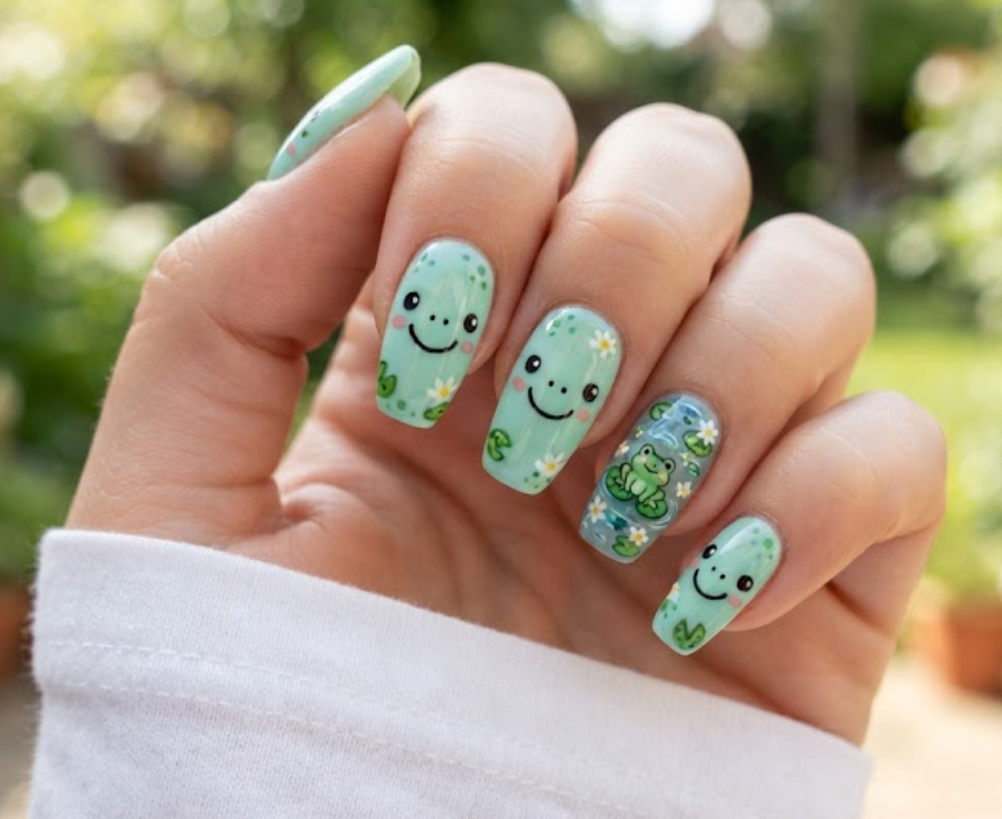 In this image, a close-up of coffin animal nails with mint green cartoon frog and lily pad art, paired with a white shirt.